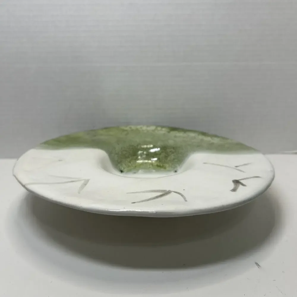 Studio Art Pottery Candle Holder Green White Lava Glaze Centerpiece Footed Sign